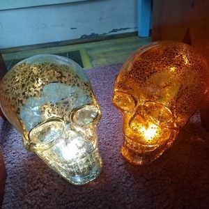 Two Skull Lamps Silver and Orange Goth Skulls